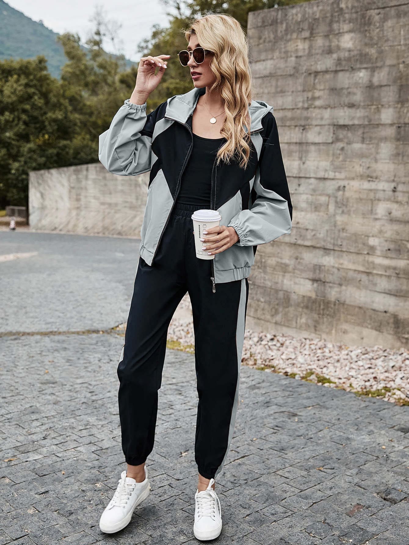 SHEIN LUNE Colorblock Hooded Zip Up Jacket & Sweatpants Set - Multicolor - View 1