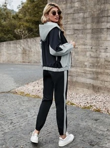 SHEIN LUNE Colorblock Hooded Zip Up Jacket & Sweatpants Set - Multicolor - View 2
