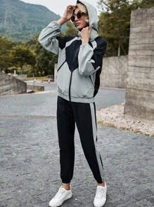 SHEIN LUNE Colorblock Hooded Zip Up Jacket & Sweatpants Set - Multicolor - View 3