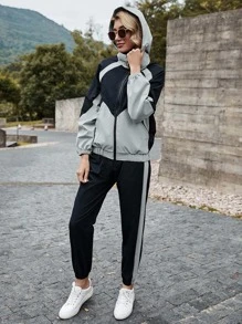 SHEIN LUNE Colorblock Hooded Zip Up Jacket & Sweatpants Set - Multicolor - View 4