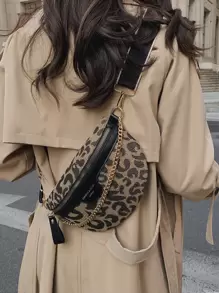 Y2k Style Chain & Leopard Print Retro Shoulder Strap Waist Bag With Distressed Details, Leopard Print Bag, Animal Print Women Bag, Fall Winter Fashionable Cheetah Print Purse For Women , Leopard Cheetah Print - Multicolor - View 7