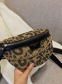 Y2k Style Chain & Leopard Print Retro Shoulder Strap Waist Bag With Distressed Details, Leopard Print Bag, Animal Print Women Bag, Fall Winter Fashionable Cheetah Print Purse For Women , Leopard Cheetah Print - Multicolor - View 6