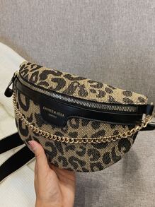 Y2k Style Chain & Leopard Print Retro Shoulder Strap Waist Bag With Distressed Details, Leopard Print Bag, Animal Print Women Bag, Fall Winter Fashionable Cheetah Print Purse For Women , Leopard Cheetah Print - Multicolor - View 3