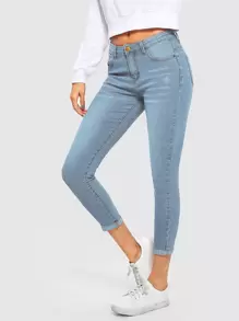 SHEIN 淺色漂白水洗緊身牛仔褲 - 中等水洗藍 - 查看 1