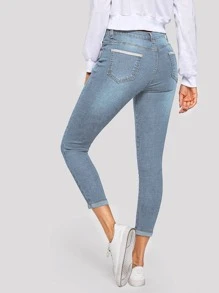 SHEIN 淺色漂白水洗緊身牛仔褲 - 中等水洗藍 - 查看 2