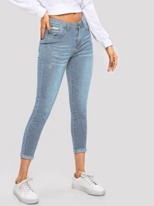 SHEIN 淺色漂白水洗緊身牛仔褲 - 中等水洗藍 - 查看 4
