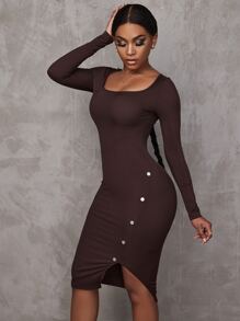 SHEIN SXY Đầm Chia Đúc màu trơn Thanh lịch - Màu nâu Sô-cô-la - Xem 1