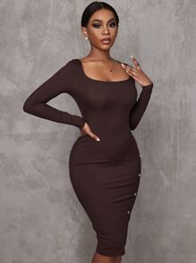 SHEIN SXY Đầm Chia Đúc màu trơn Thanh lịch - Màu nâu Sô-cô-la - Xem 3