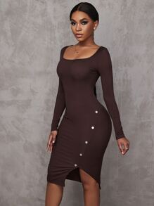 SHEIN SXY Đầm Chia Đúc màu trơn Thanh lịch - Màu nâu Sô-cô-la - Xem 4