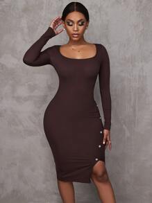 SHEIN SXY Đầm Chia Đúc màu trơn Thanh lịch - Màu nâu Sô-cô-la - Xem 5