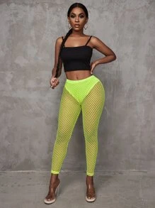 SHEIN SXY 薄透漁網內褲拼接緊身打底褲 - 青檸色 - 查看 4