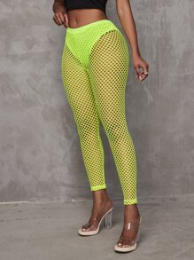 SHEIN SXY 薄透漁網內褲拼接緊身打底褲 - 青檸色 - 查看 6