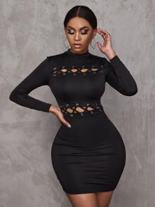 扣眼繫帶鏤空小高領緊身洋裝