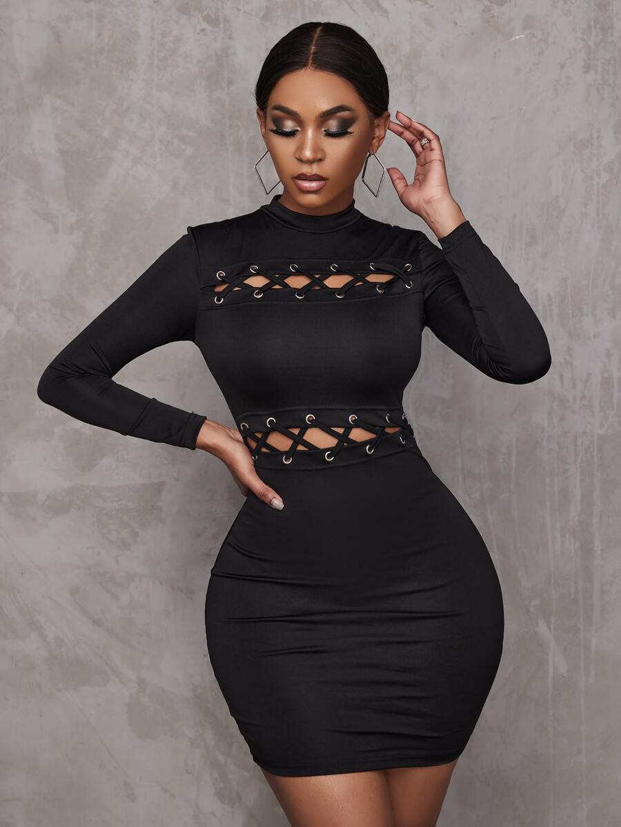 扣眼繫帶鏤空小高領緊身洋裝