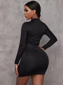 扣眼繫帶鏤空小高領緊身洋裝