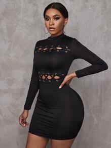 扣眼繫帶鏤空小高領緊身洋裝