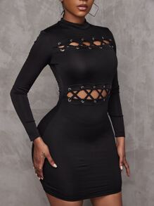 扣眼繫帶鏤空小高領緊身洋裝