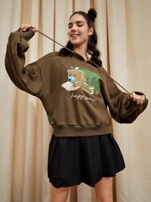 Tobefonseca Bear And Letter Graphic Drop Shoulder Drawstring Hoodie - Brown - View 1