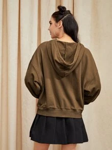 Tobefonseca Bear And Letter Graphic Drop Shoulder Drawstring Hoodie - Brown - View 2