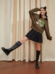 Tobefonseca Bear And Letter Graphic Drop Shoulder Drawstring Hoodie - Brown - View 3