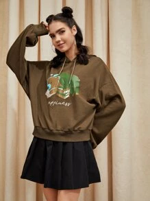 Tobefonseca Bear And Letter Graphic Drop Shoulder Drawstring Hoodie - Brown - View 4