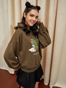 Tobefonseca Bear And Letter Graphic Drop Shoulder Drawstring Hoodie - Brown - View 6