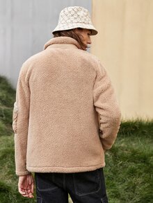 Manfinity Men Zip Front Teddy Coat - Khaki - View 2