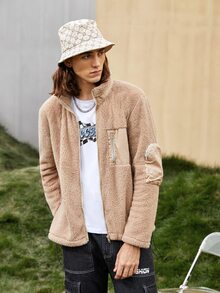 Manfinity Men Zip Front Teddy Coat - Khaki - View 3