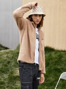 Manfinity Men Zip Front Teddy Coat - Khaki - View 4