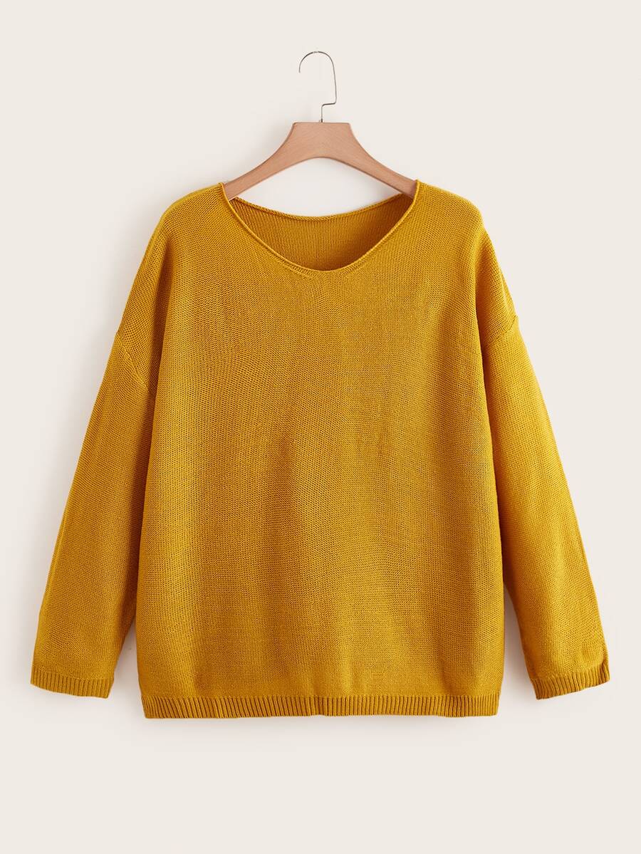 SHEIN V Neck Drop Shoulder Jumper - Mustard Yellow - View 1