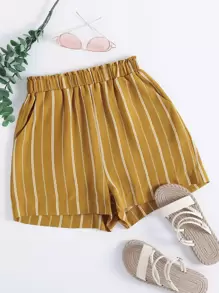 SHEIN Unity Paperbag Waist Striped Shorts - Mustard Yellow - View 1