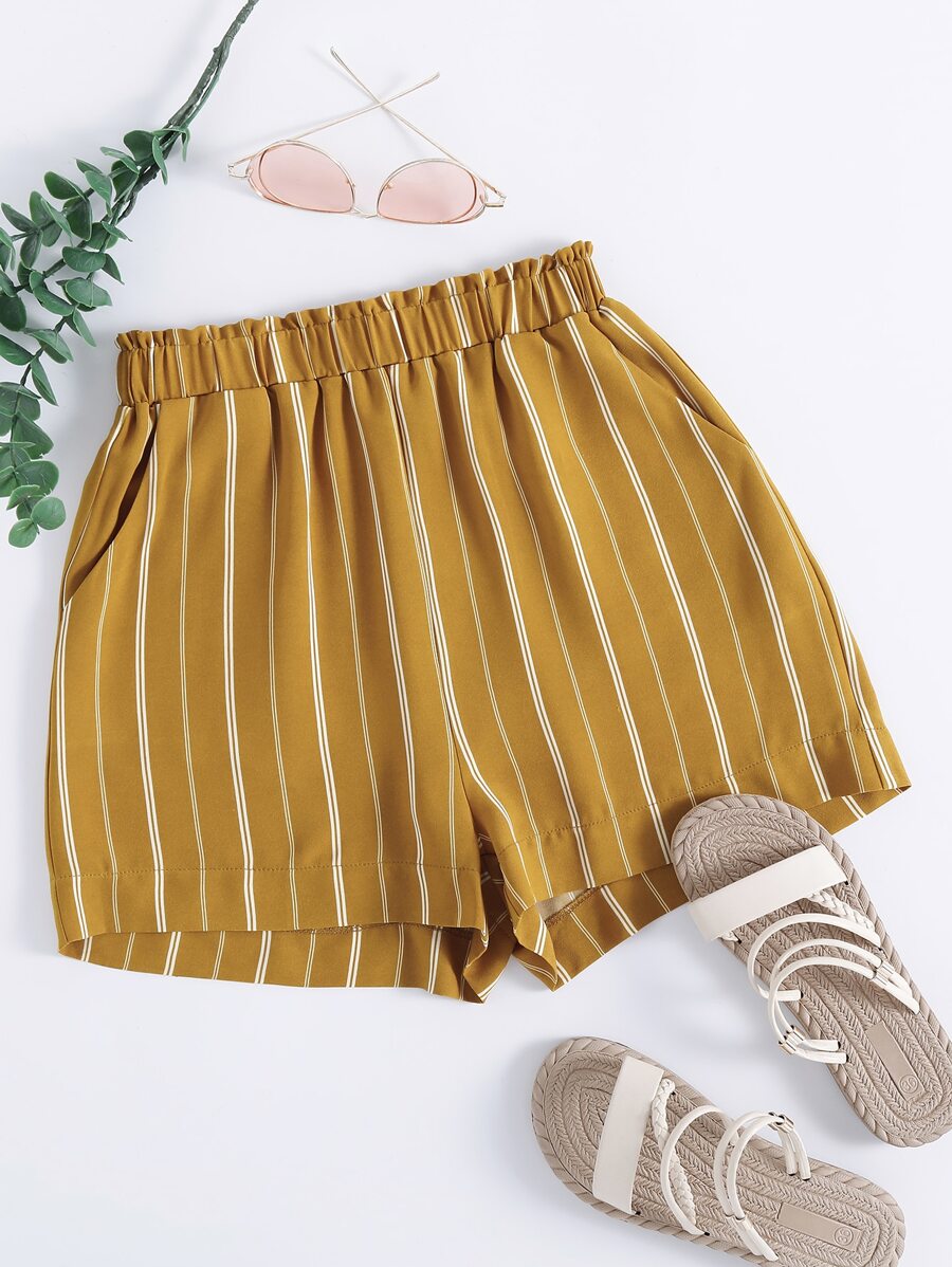 SHEIN Unity Paperbag Waist Striped Shorts - Mustard Yellow - View 1