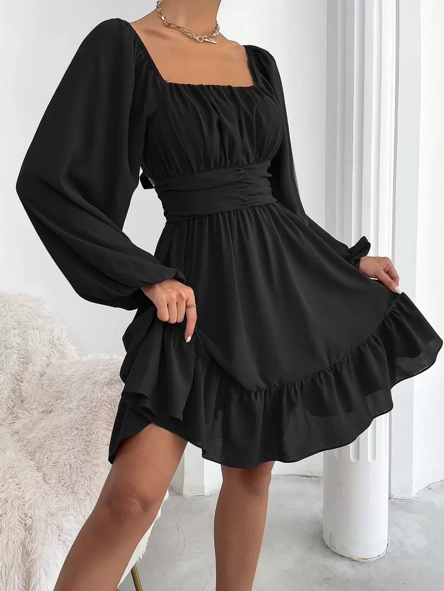 Chiquease Vestido con nudo trasero de manga farol bajo con fruncido - Negro - Ver 1