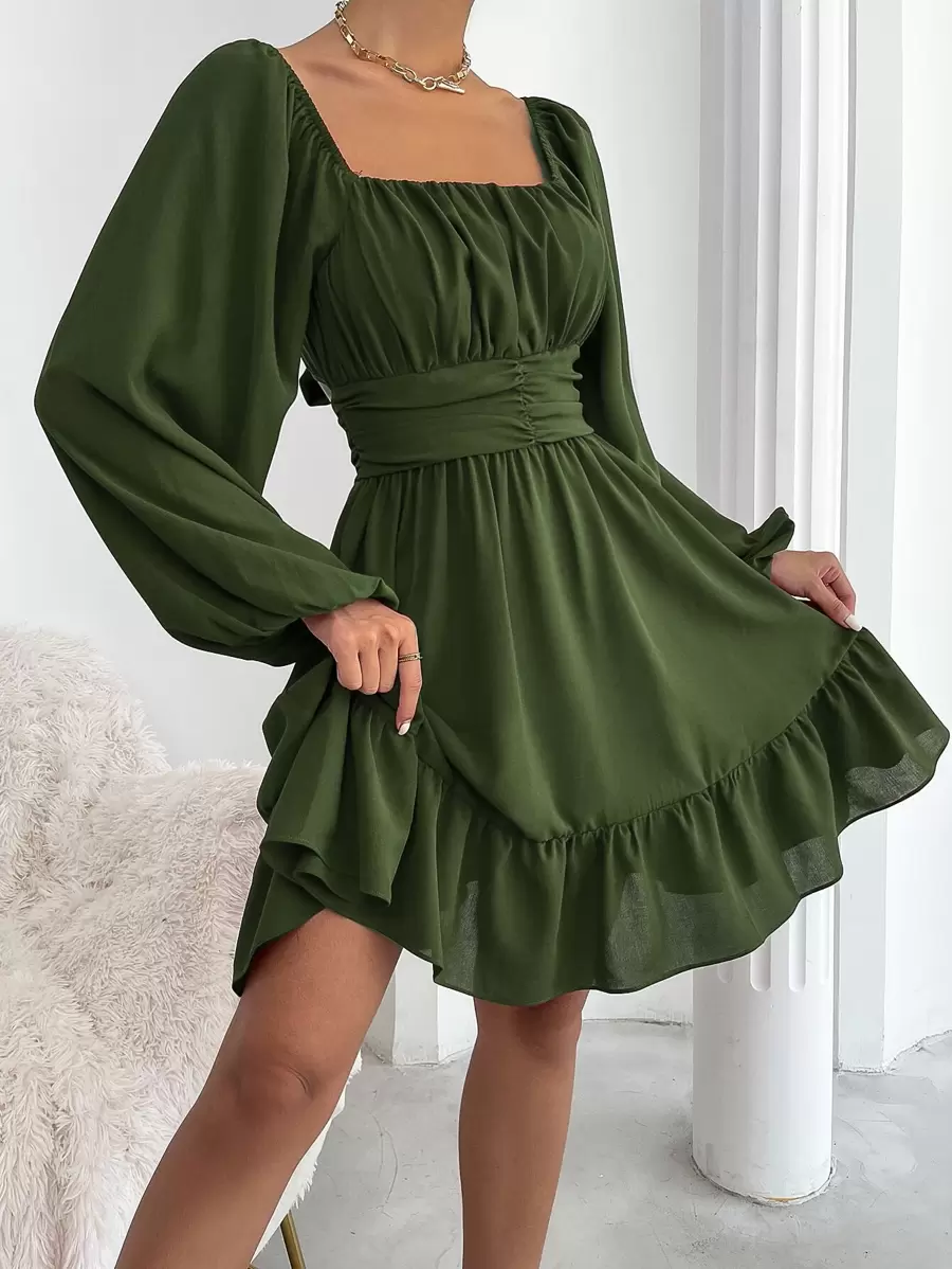 Chiquease Vestido Campesino con mangas de farol, nudo en la espalda y dobladillo con volantes - Verde - Ver 1