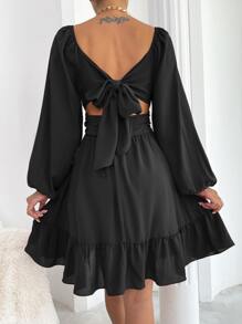 Chiquease Vestido con nudo trasero de manga farol bajo con fruncido - Negro - Ver 2