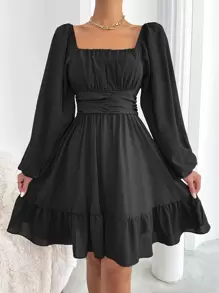 Chiquease Vestido con nudo trasero de manga farol bajo con fruncido - Negro - Ver 3