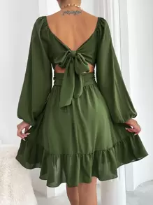 Chiquease Vestido Campesino con mangas de farol, nudo en la espalda y dobladillo con volantes - Verde - Ver 2