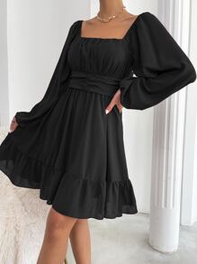 Chiquease Vestido con nudo trasero de manga farol bajo con fruncido - Negro - Ver 4
