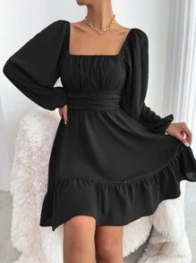 Chiquease Vestido con nudo trasero de manga farol bajo con fruncido - Negro - Ver 5