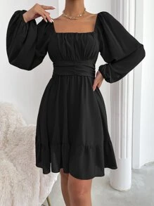 Chiquease Vestido con nudo trasero de manga farol bajo con fruncido - Negro - Ver 6