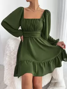 Chiquease Vestido Campesino con mangas de farol, nudo en la espalda y dobladillo con volantes - Verde - Ver 4