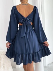 Rafferiza Vestido de campesina con manga farol, nudo en la espalda y dobladillo con ribete de volantes - Azul Marino - Ver 2