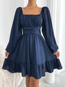 Rafferiza Vestido de campesina con manga farol, nudo en la espalda y dobladillo con ribete de volantes - Azul Marino - Ver 3