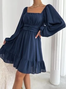 Rafferiza Vestido de campesina con manga farol, nudo en la espalda y dobladillo con ribete de volantes - Azul Marino - Ver 4