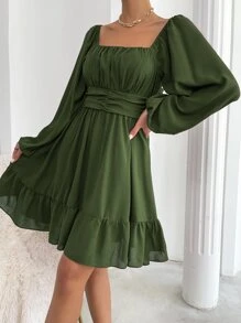 Chiquease Vestido Campesino con mangas de farol, nudo en la espalda y dobladillo con volantes - Verde - Ver 6