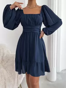 Rafferiza Vestido de campesina con manga farol, nudo en la espalda y dobladillo con ribete de volantes - Azul Marino - Ver 5