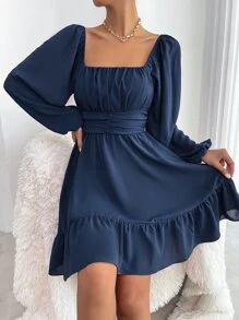 Rafferiza Vestido de campesina con manga farol, nudo en la espalda y dobladillo con ribete de volantes - Azul Marino - Ver 6