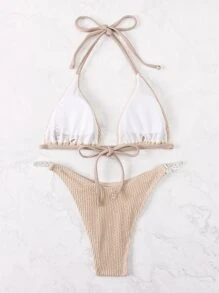 Solid Textured Rhinestone Studded Bikini - Khaki - View 2