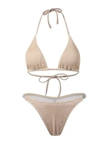 Solid Textured Rhinestone Studded Bikini - Khaki - View 3