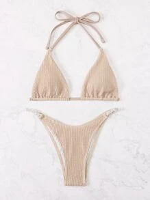 Solid Textured Rhinestone Studded Bikini - Khaki - View 4
